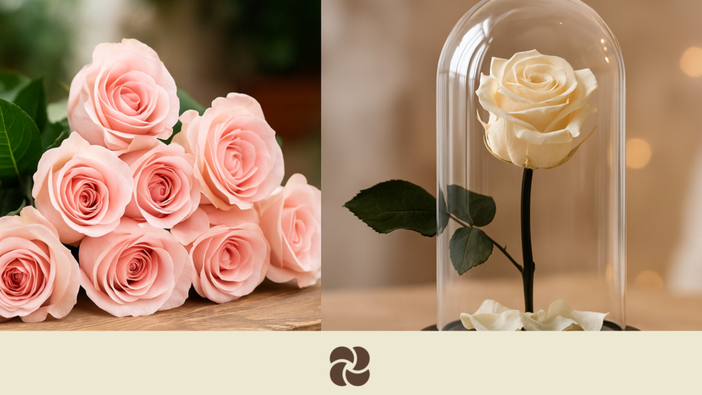 Ramo de flores frescas y preservadas lado a lado, comparando opciones para negocios como floristerías, hoteles y restaurantes